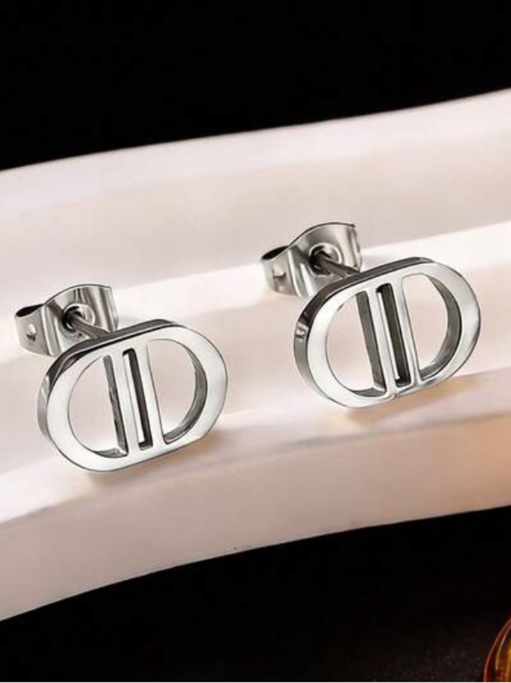 Silver Tone Double D Oval Stud Earrings